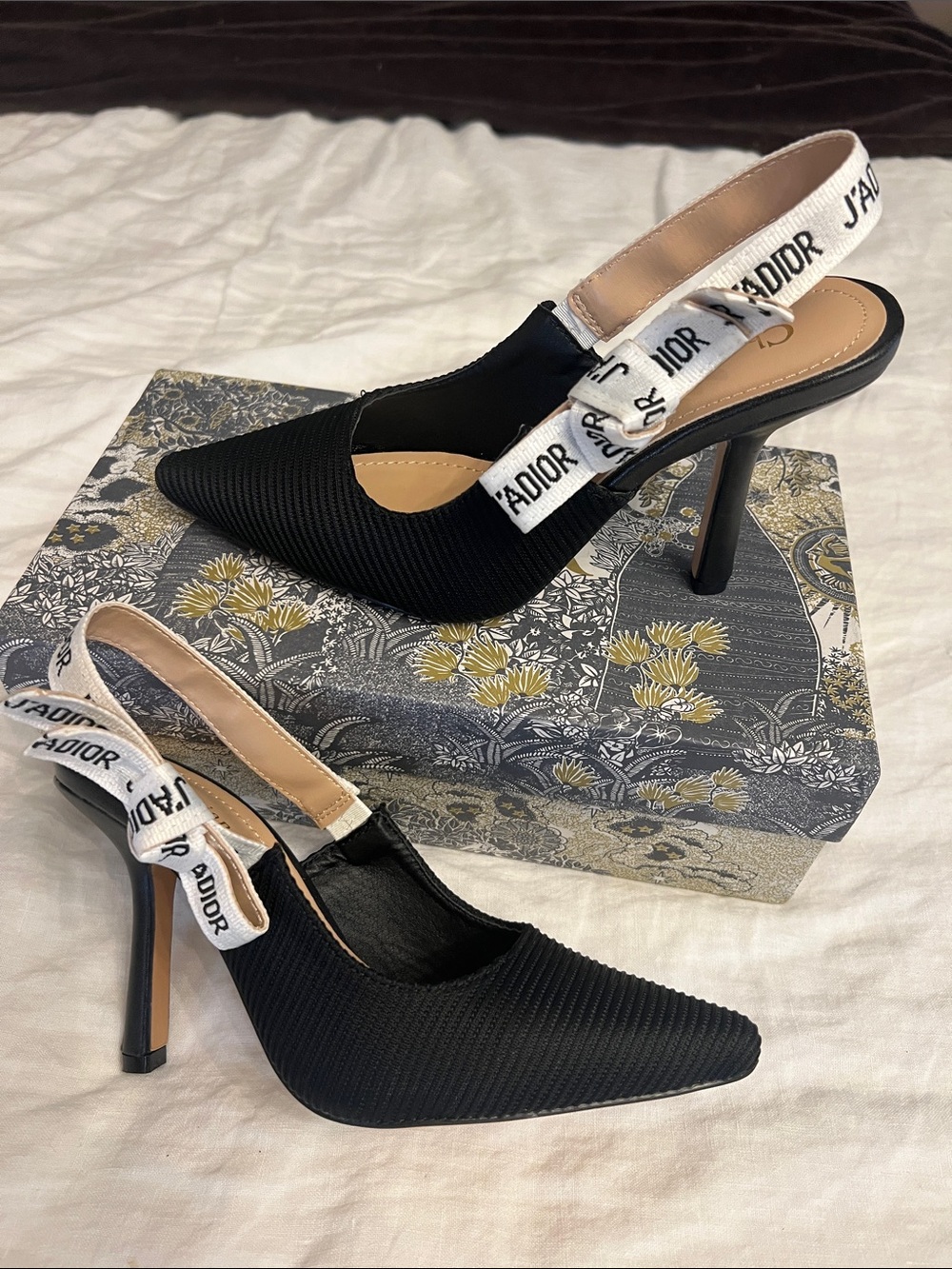 Dior Black J’Adior Pointed-Toe Slingback Heels with White Branded Strap 37 6.5US